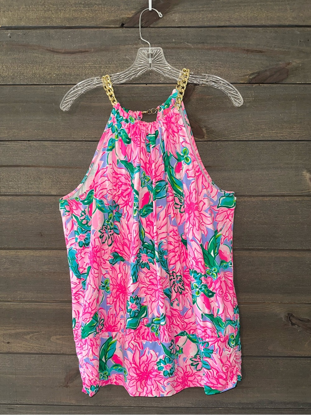LILLY PULITZER Bright Pink Floral Halter Tank with Gold Chain Straps